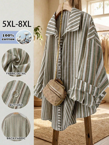 CURVE+ Plus Size Women's Autumn Casual Vacation Geometric Print Long Sleeve Casual Loose Comfy Shirt,Thanksgiving Holiday Fall