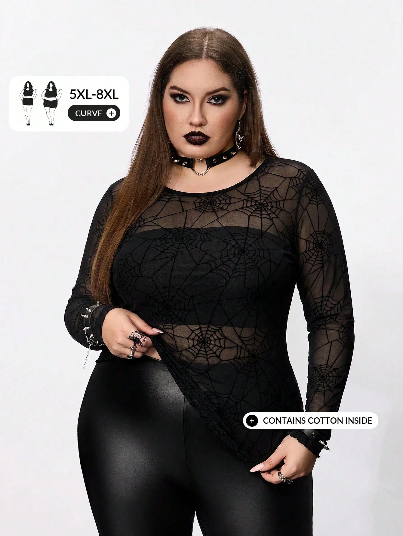 CURVE+ Plus Size Women's Black Spider Web Pattern Sheer Top, Halloween