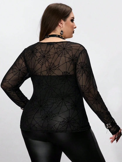 CURVE+ Plus Size Women's Black Spider Web Pattern Sheer Top, Halloween