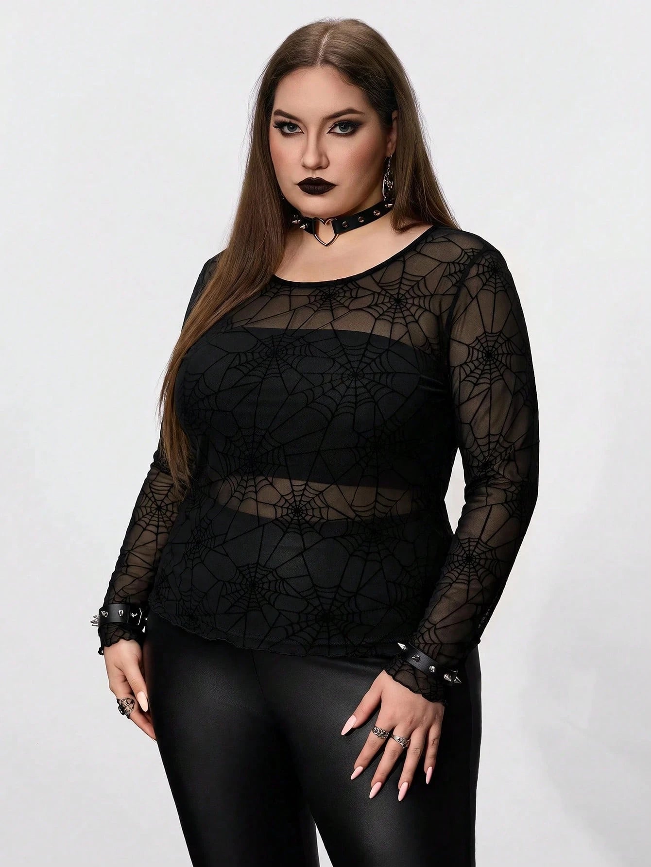 CURVE+ Plus Size Women's Black Spider Web Pattern Sheer Top, Halloween