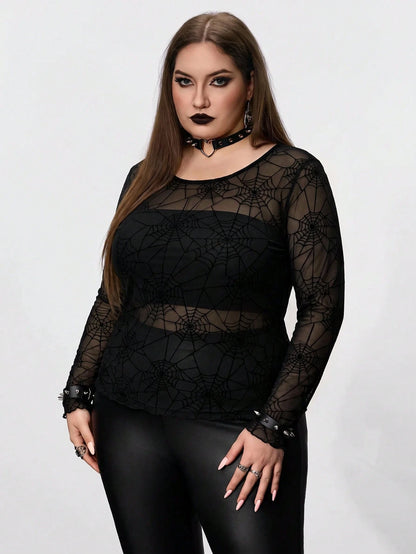 CURVE+ Plus Size Women's Black Spider Web Pattern Sheer Top, Halloween