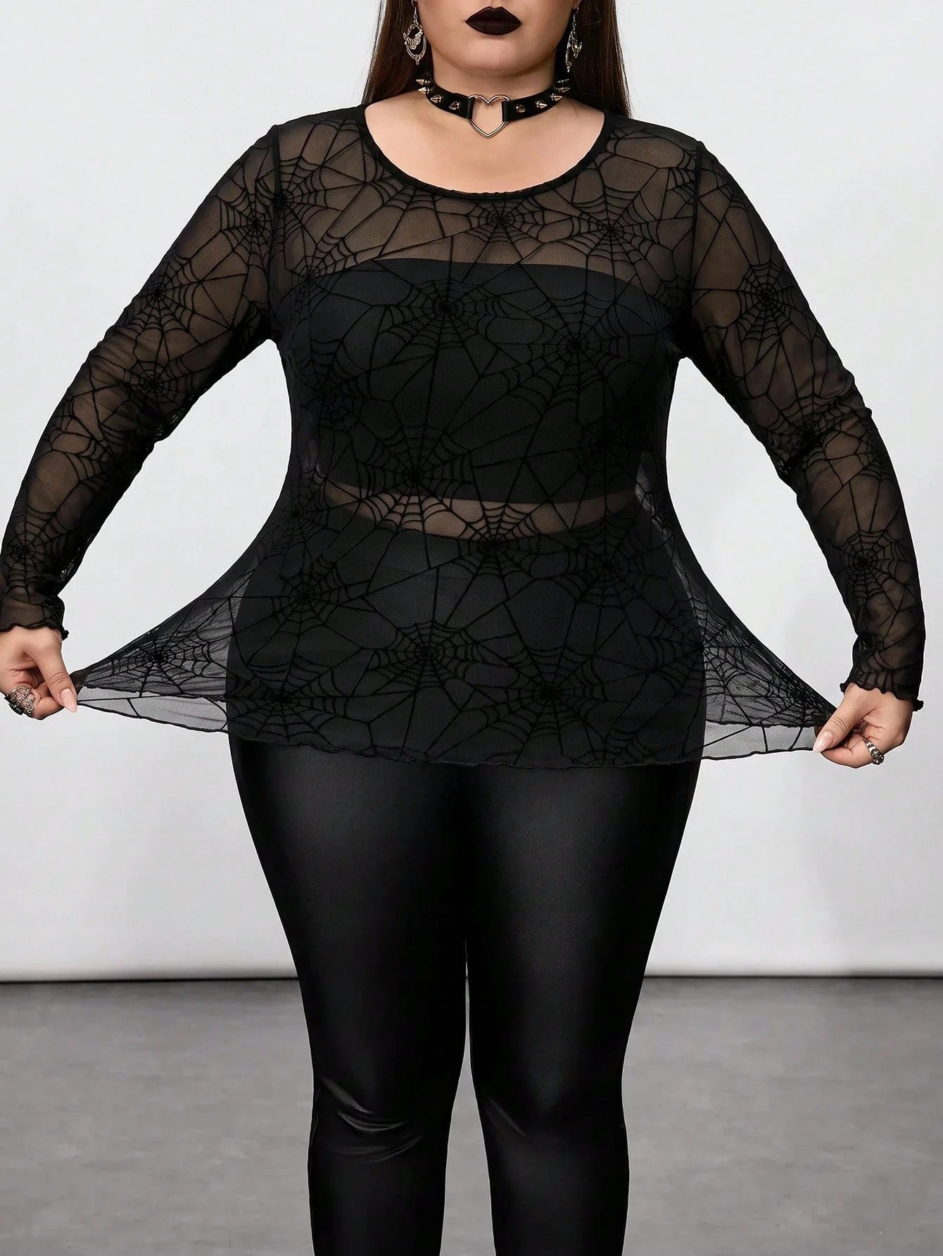 CURVE+ Plus Size Women's Black Spider Web Pattern Sheer Top, Halloween