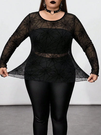 CURVE+ Plus Size Women's Black Spider Web Pattern Sheer Top, Halloween