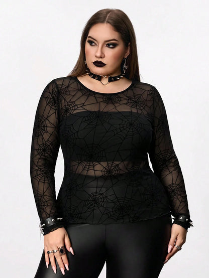 CURVE+ Plus Size Women's Black Spider Web Pattern Sheer Top, Halloween