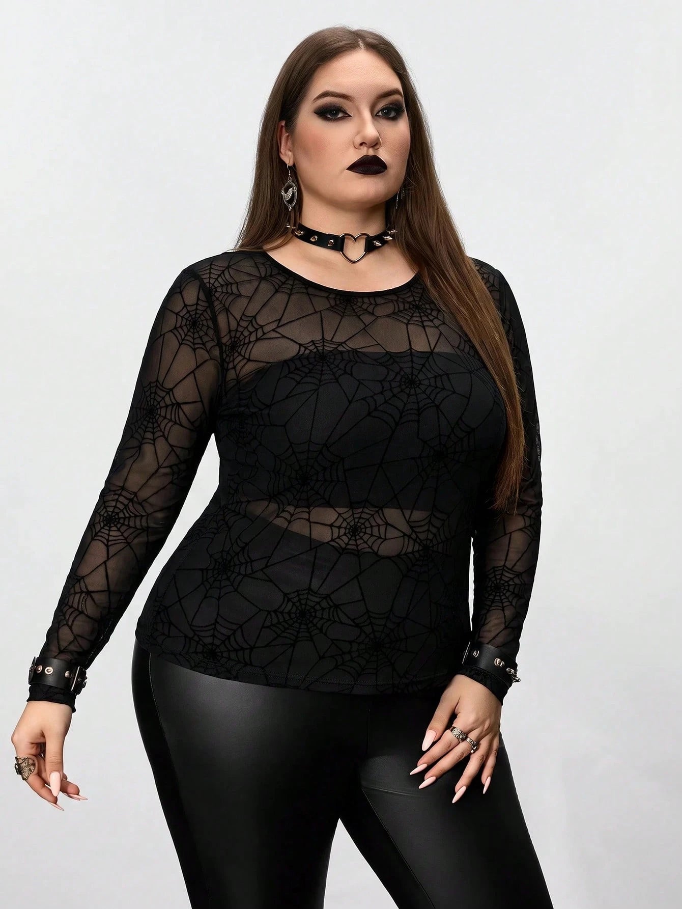 CURVE+ Plus Size Women's Black Spider Web Pattern Sheer Top, Halloween