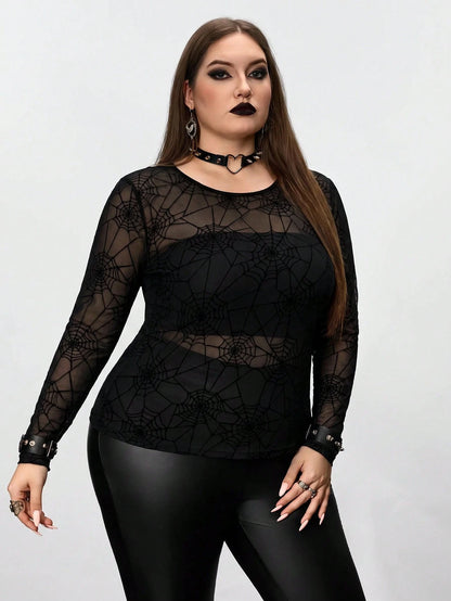 CURVE+ Plus Size Women's Black Spider Web Pattern Sheer Top, Halloween