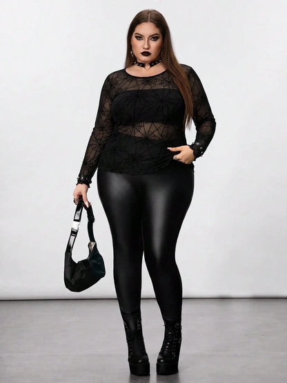 CURVE+ Plus Size Women's Black Spider Web Pattern Sheer Top, Halloween