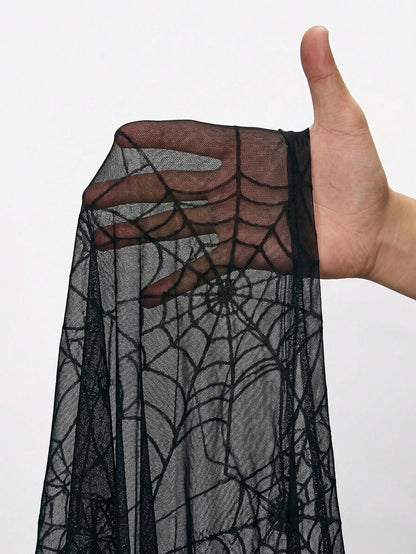 CURVE+ Plus Size Women's Black Spider Web Pattern Sheer Top, Halloween