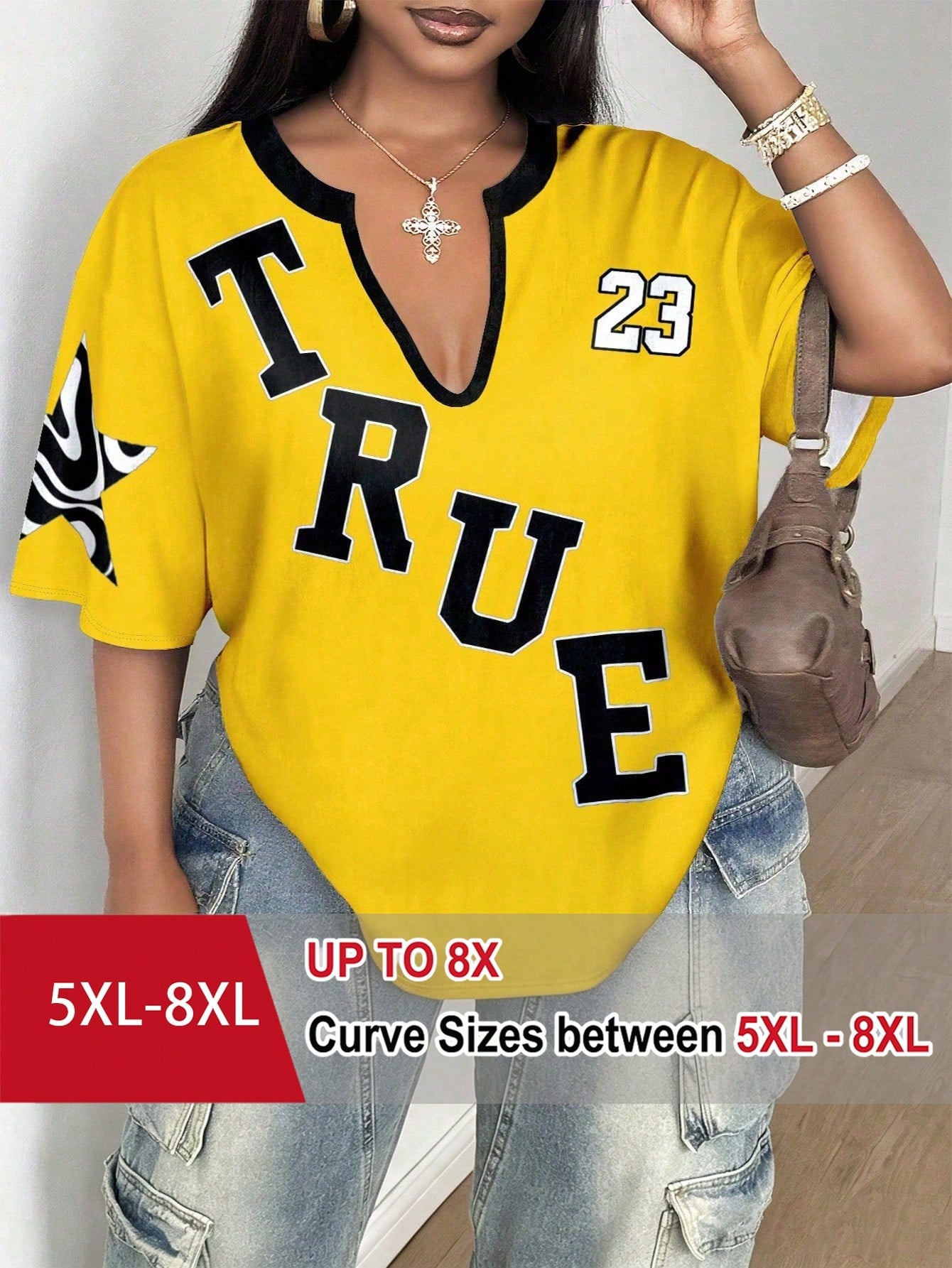 CURVE+ Plus Size Women's Casual Yellow Contrast Letter Print Notch Neck Short Sleeve T-Shirt, Gothic Summer Everyday Versatile Fashion For Night Out