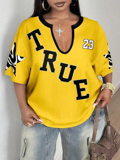 CURVE+ Plus Size Women's Casual Yellow Contrast Letter Print Notch Neck Short Sleeve T-Shirt, Gothic Summer Everyday Versatile Fashion For Night Out