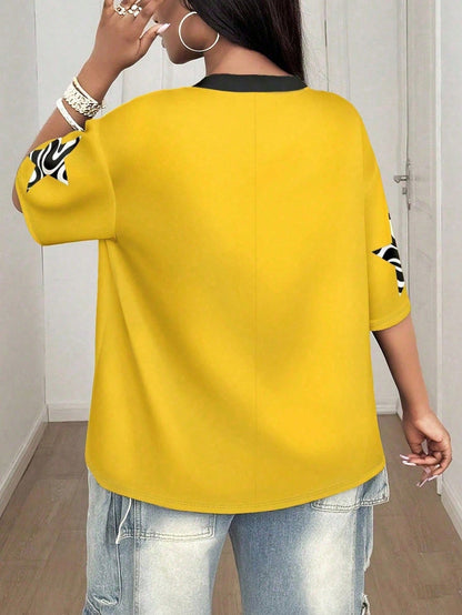 CURVE+ Plus Size Women's Casual Yellow Contrast Letter Print Notch Neck Short Sleeve T-Shirt, Gothic Summer Everyday Versatile Fashion For Night Out