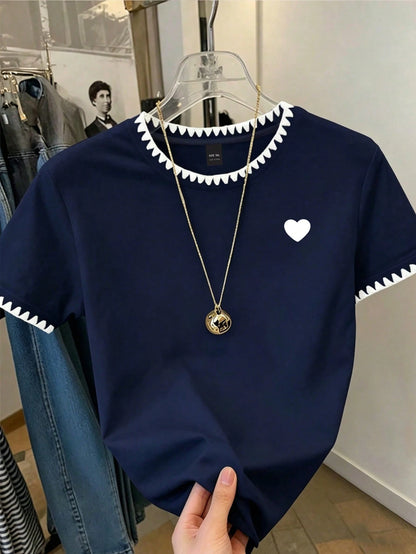 CURVE+ Plus Size Women's Embroidered Trim Short-Sleeve Casual T-Shirt With Heart Heat Transfer