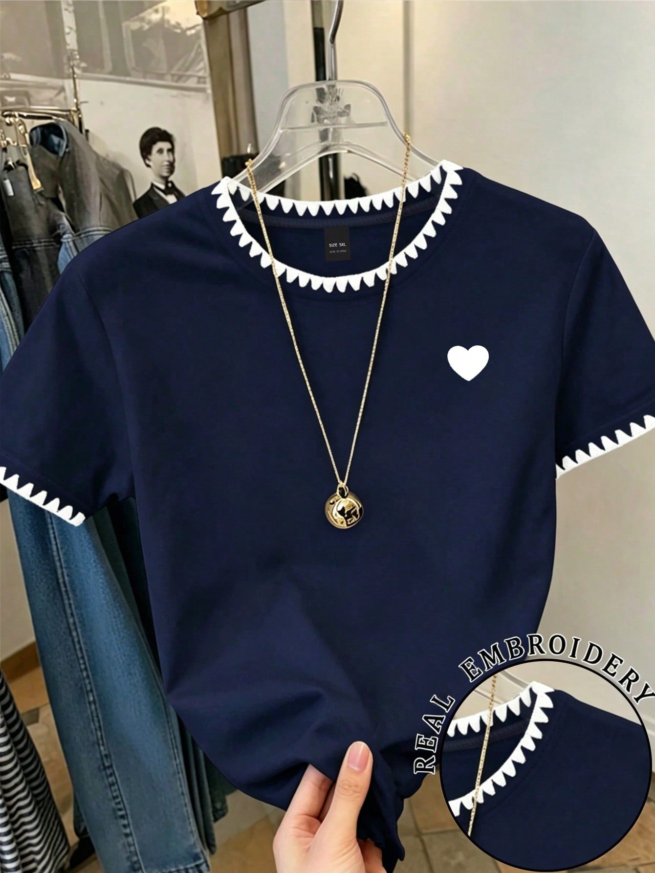 CURVE+ Plus Size Women's Embroidered Trim Short-Sleeve Casual T-Shirt With Heart Heat Transfer