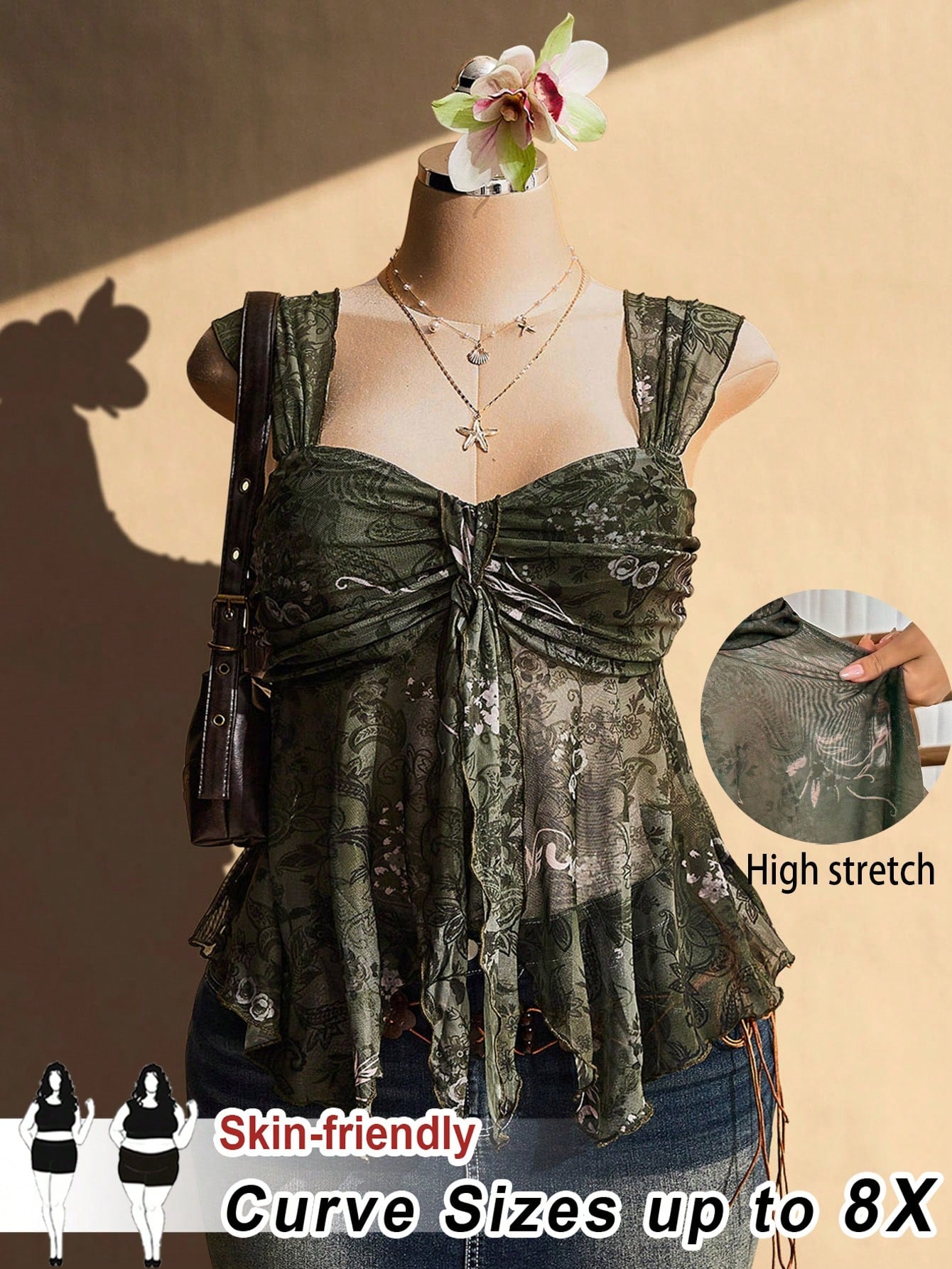 CURVE+ Plus Size Women's Olive Green Summer Boho Vacation Holiday Asymmetrical See-Through Mesh Hem Camisole Tank Top,Rave Y2K Style High Stretch Top