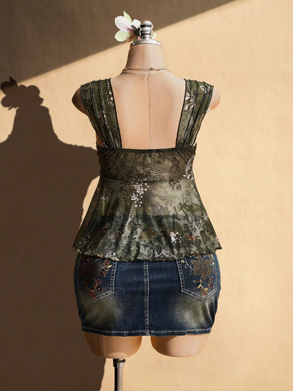CURVE+ Plus Size Women's Olive Green Summer Boho Vacation Holiday Asymmetrical See-Through Mesh Hem Camisole Tank Top,Rave Y2K Style High Stretch Top