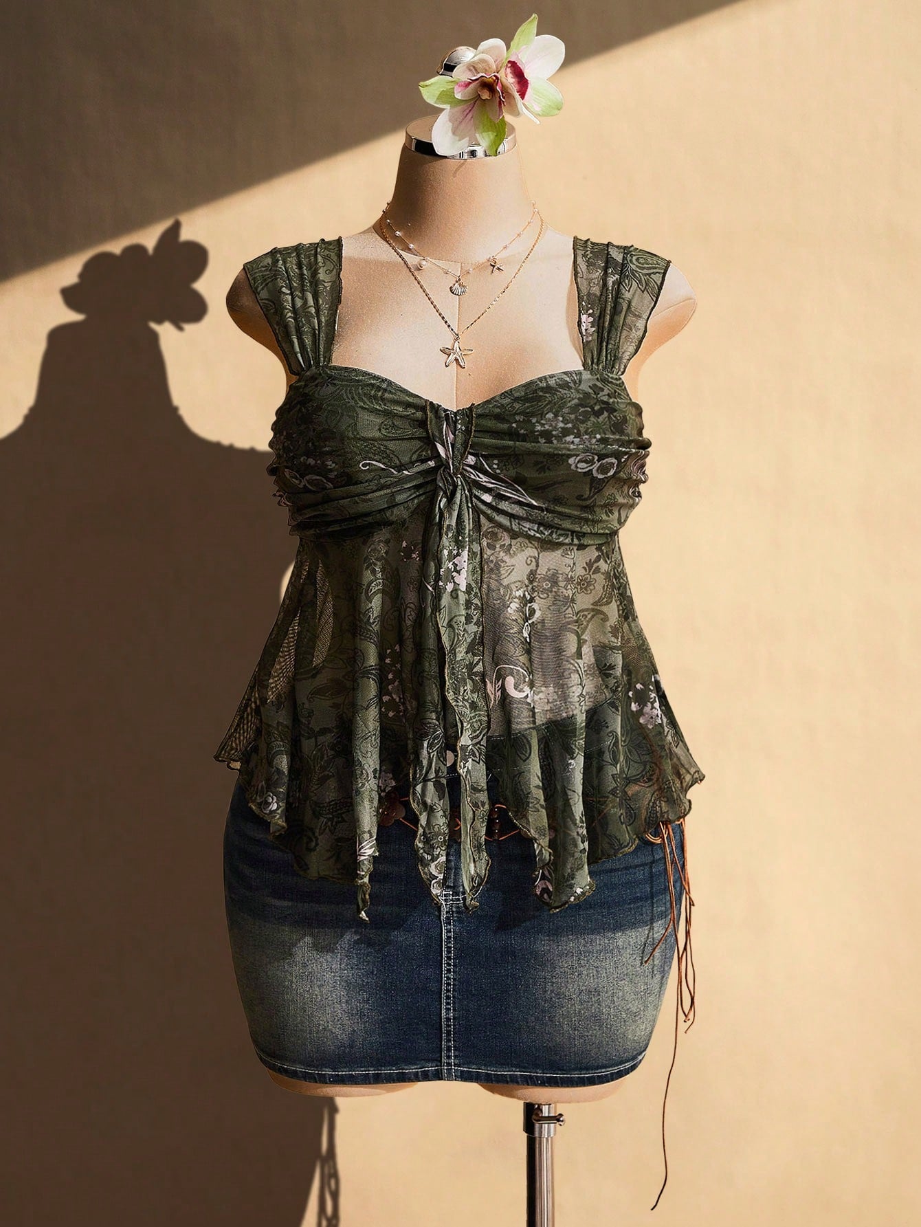 CURVE+ Plus Size Women's Olive Green Summer Boho Vacation Holiday Asymmetrical See-Through Mesh Hem Camisole Tank Top,Rave Y2K Style High Stretch Top