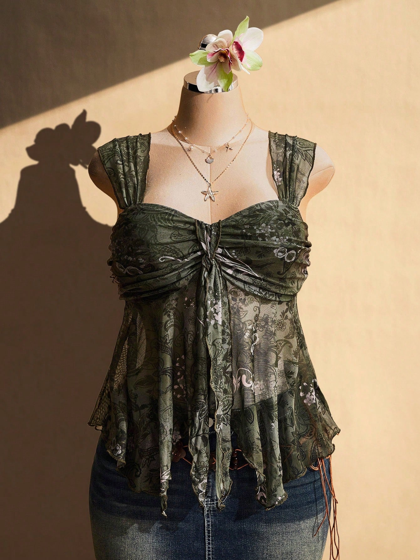 CURVE+ Plus Size Women's Olive Green Summer Boho Vacation Holiday Asymmetrical See-Through Mesh Hem Camisole Tank Top,Rave Y2K Style High Stretch Top
