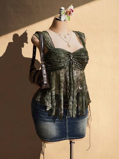 CURVE+ Plus Size Women's Olive Green Summer Boho Vacation Holiday Asymmetrical See-Through Mesh Hem Camisole Tank Top,Rave Y2K Style High Stretch Top