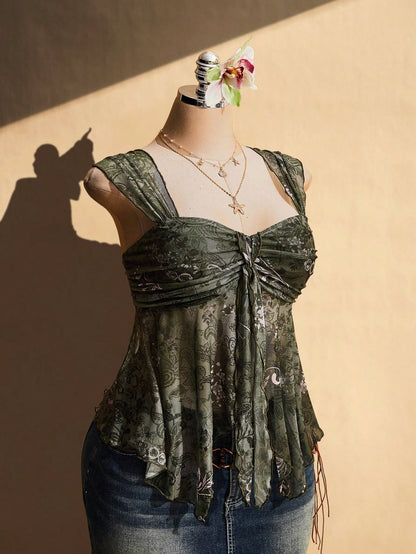 CURVE+ Plus Size Women's Olive Green Summer Boho Vacation Holiday Asymmetrical See-Through Mesh Hem Camisole Tank Top,Rave Y2K Style High Stretch Top