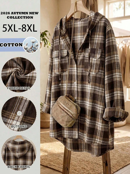 CURVE+ Plus Size Women's Plaid Hooded Loose Shirt, Sun Protection, Vacation Casual, Fall Winter 2026 22W