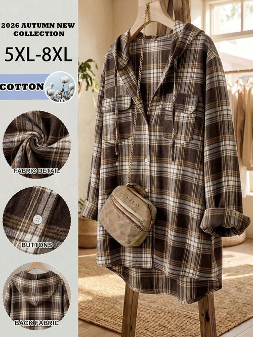 CURVE+ Plus Size Women's Plaid Hooded Loose Shirt, Sun Protection, Vacation Casual, Fall Winter 2026 22W