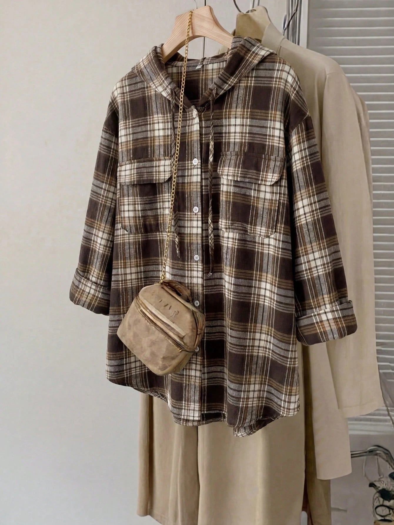 CURVE+ Plus Size Women's Plaid Hooded Loose Shirt, Sun Protection, Vacation Casual, Fall Winter 2026 22W