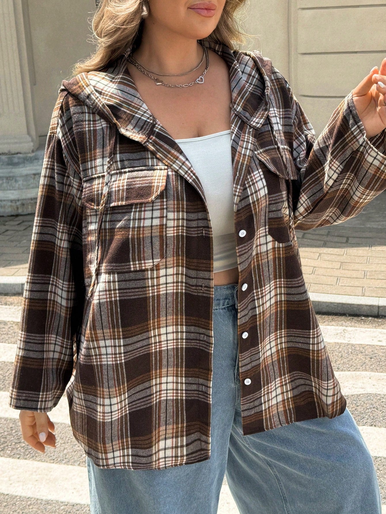 CURVE+ Plus Size Women's Plaid Hooded Loose Shirt, Sun Protection, Vacation Casual, Fall Winter 2026 22W