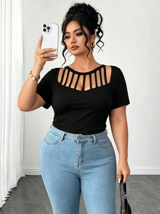 CURVE+ Plus Size Women's Solid Color Cutout Design Short Sleeve Slim Fit T-Shirt