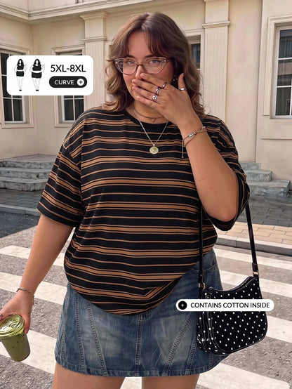 CURVE+ Plus Size Women's Striped Print Crew Neck Drop Shoulder Short Sleeve Casual T-Shirt Formal Vacation Black And White Summer