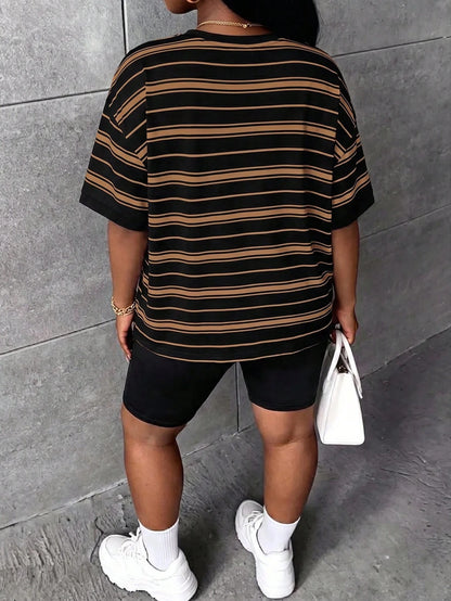 CURVE+ Plus Size Women's Striped Print Crew Neck Drop Shoulder Short Sleeve Casual T-Shirt Formal Vacation Black And White Summer