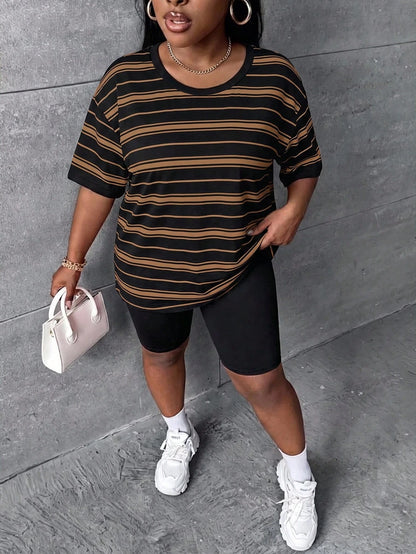 CURVE+ Plus Size Women's Striped Print Crew Neck Drop Shoulder Short Sleeve Casual T-Shirt Formal Vacation Black And White Summer