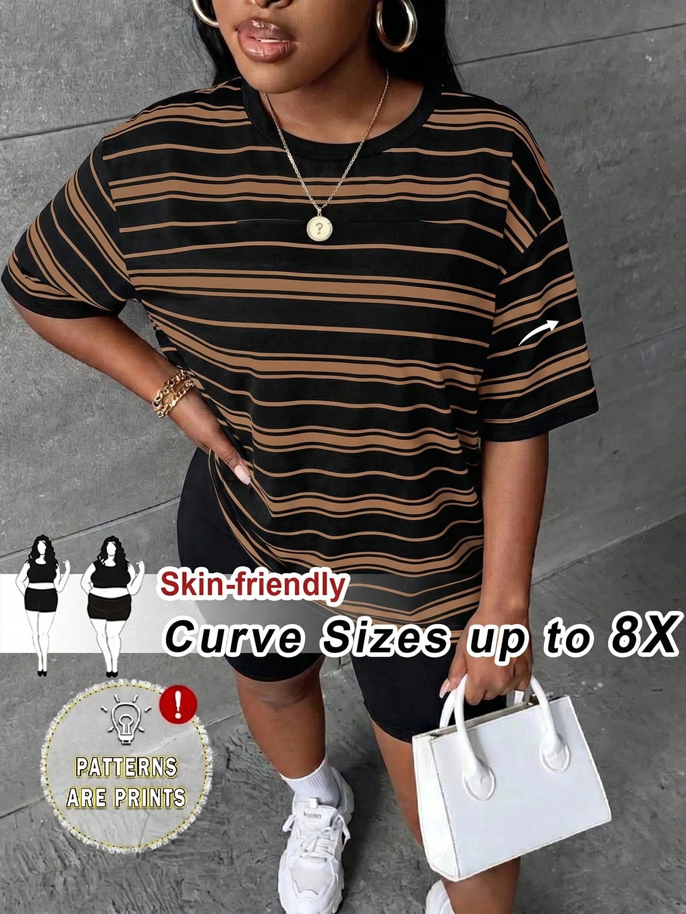 CURVE+ Plus Size Women's Striped Print Crew Neck Drop Shoulder Short Sleeve Casual T-Shirt Formal Vacation Black And White Summer