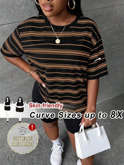 CURVE+ Plus Size Women's Striped Print Crew Neck Drop Shoulder Short Sleeve Casual T-Shirt Formal Vacation Black And White Summer