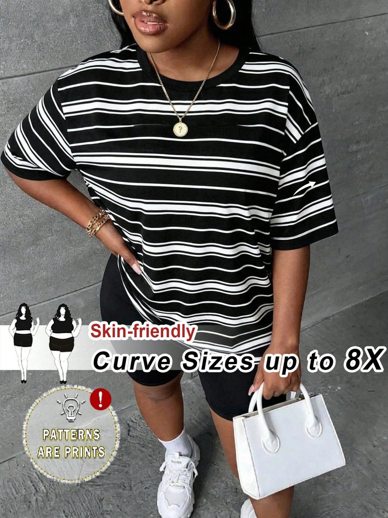 CURVE+ Plus Size Women's Striped Print Crew Neck Drop Shoulder Short Sleeve Casual T-Shirt Formal Vacation Black And White Summer