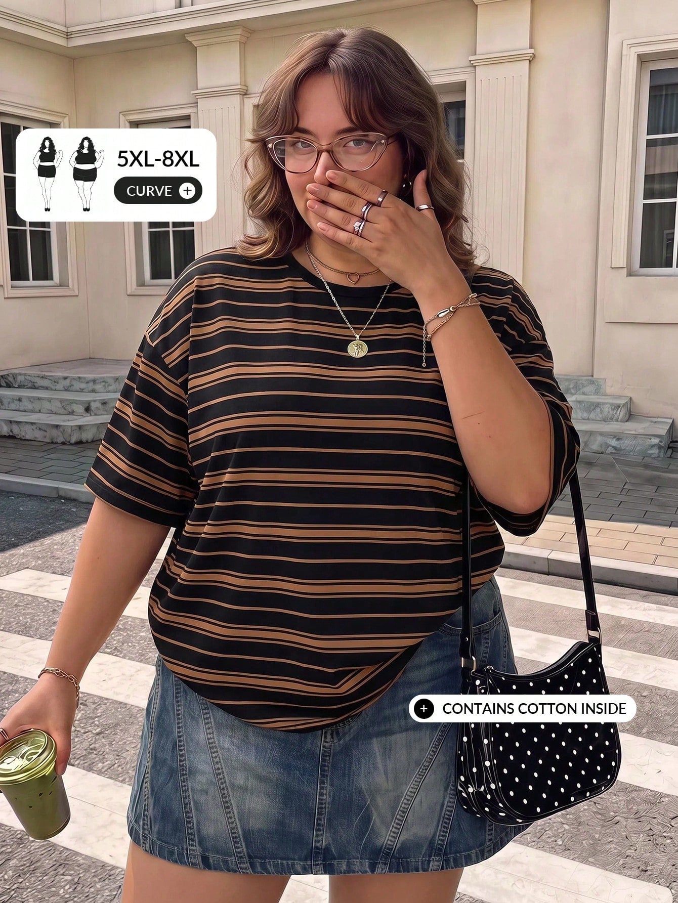CURVE+ Plus Size Women's Striped Print Crew Neck Drop Shoulder Short Sleeve Casual T-Shirt Formal Vacation Black And White Summer