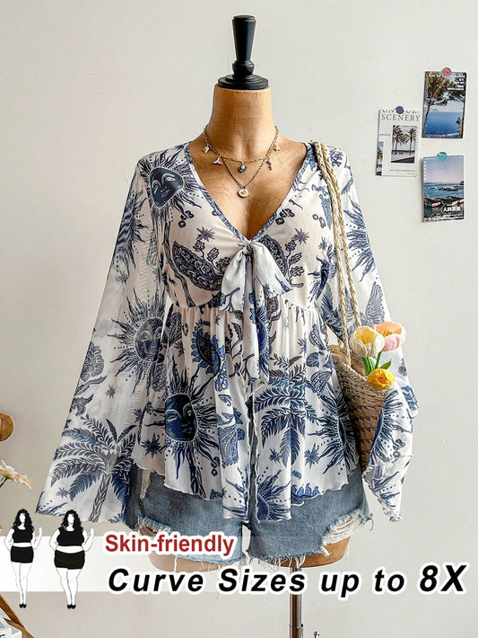 CURVE+ Plus Size Women's Vacation Knit Mesh Vintage Floral Pattern V-Neck Long Autumn Gym Beach Beach Vacation Vacation White Fall Beach Vacation