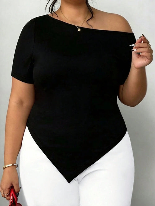CURVE+ Plus Size Women Solid Color Asymmetrical Shoulder Slim Fit Versatile Casual T-Shirt