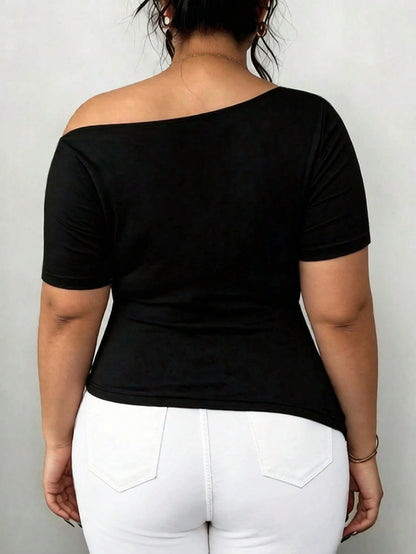 CURVE+ Plus Size Women Solid Color Asymmetrical Shoulder Slim Fit Versatile Casual T-Shirt