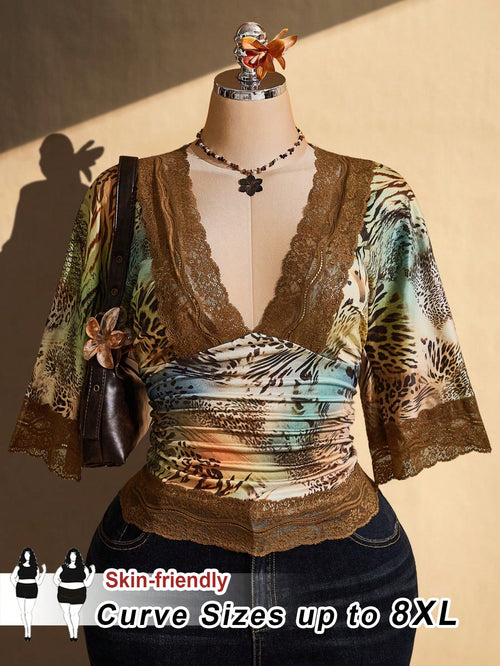 CURVE+ Plus Size Y2K Retro Sexy Leopard Print V-Neck Lace Patch Flared Sleeve Top Fall, Winter 2026 22W