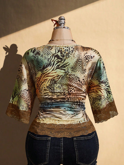 CURVE+ Plus Size Y2K Retro Sexy Leopard Print V-Neck Lace Patch Flared Sleeve Top Fall, Winter 2026 22W