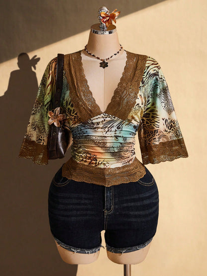 CURVE+ Plus Size Y2K Retro Sexy Leopard Print V-Neck Lace Patch Flared Sleeve Top Fall, Winter 2026 22W