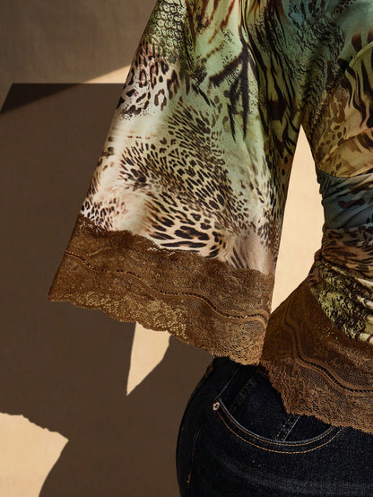 CURVE+ Plus Size Y2K Retro Sexy Leopard Print V-Neck Lace Patch Flared Sleeve Top Fall, Winter 2026 22W