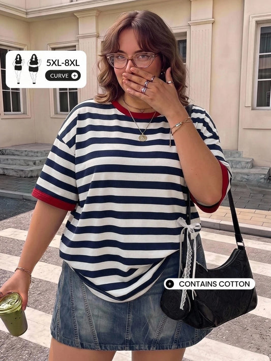 CURVE+ Striped Round Neck Short Sleeve Contrast Color Overseas Loose T-Shirt, Suitable For Daily Commute, Autumn/Winter/Spring/Summer, New Year, Thanksgiving, Party, Graduation Ceremony, Fashion