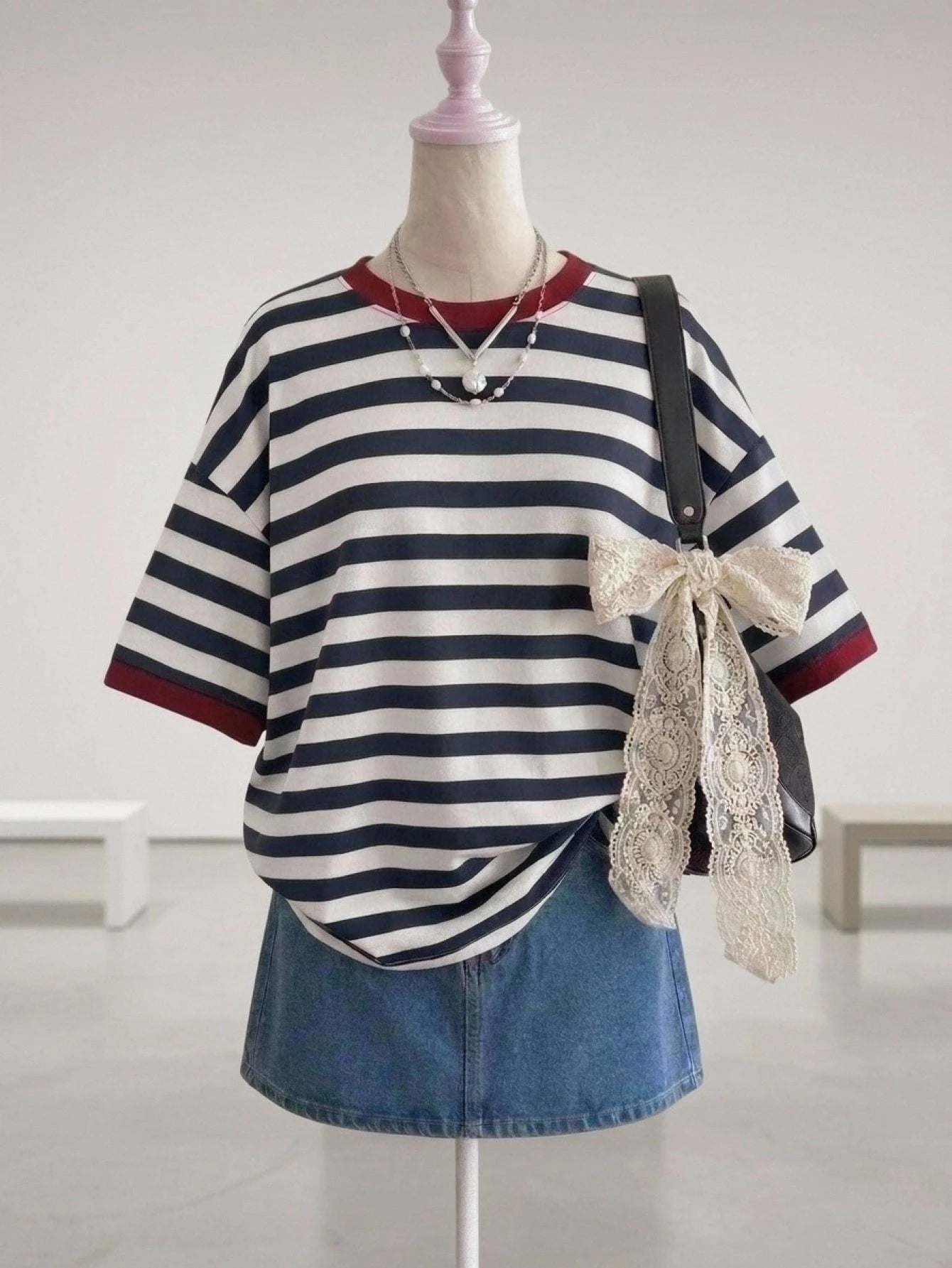 CURVE+ Striped Round Neck Short Sleeve Contrast Color Overseas Loose T-Shirt, Suitable For Daily Commute, Autumn/Winter/Spring/Summer, New Year, Thanksgiving, Party, Graduation Ceremony, Fashion