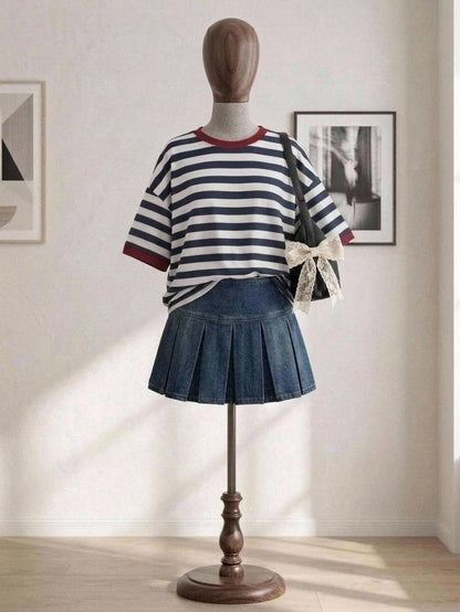 CURVE+ Striped Round Neck Short Sleeve Contrast Color Overseas Loose T-Shirt, Suitable For Daily Commute, Autumn/Winter/Spring/Summer, New Year, Thanksgiving, Party, Graduation Ceremony, Fashion