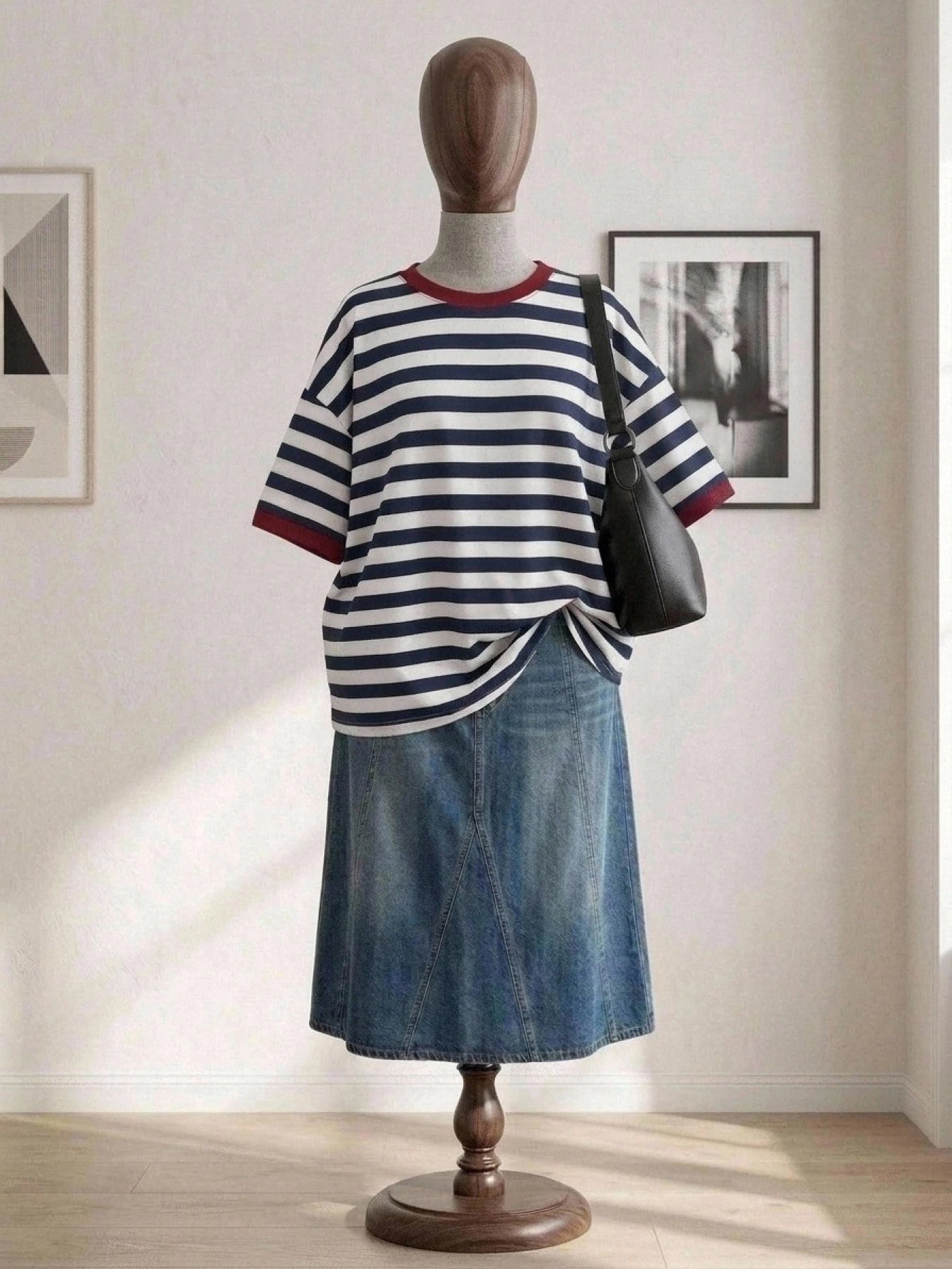 CURVE+ Striped Round Neck Short Sleeve Contrast Color Overseas Loose T-Shirt, Suitable For Daily Commute, Autumn/Winter/Spring/Summer, New Year, Thanksgiving, Party, Graduation Ceremony, Fashion