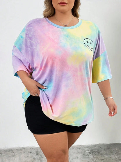 CURVE+ Women's Light Purple Printed Round Neck Short Sleeved T-Shirt In Plus Size For Summer Office Concert Business Casual Mom