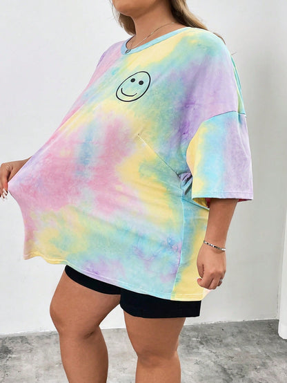 CURVE+ Women's Light Purple Printed Round Neck Short Sleeved T-Shirt In Plus Size For Summer Office Concert Business Casual Mom