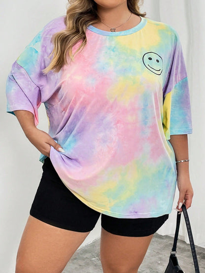CURVE+ Women's Light Purple Printed Round Neck Short Sleeved T-Shirt In Plus Size For Summer Office Concert Business Casual Mom