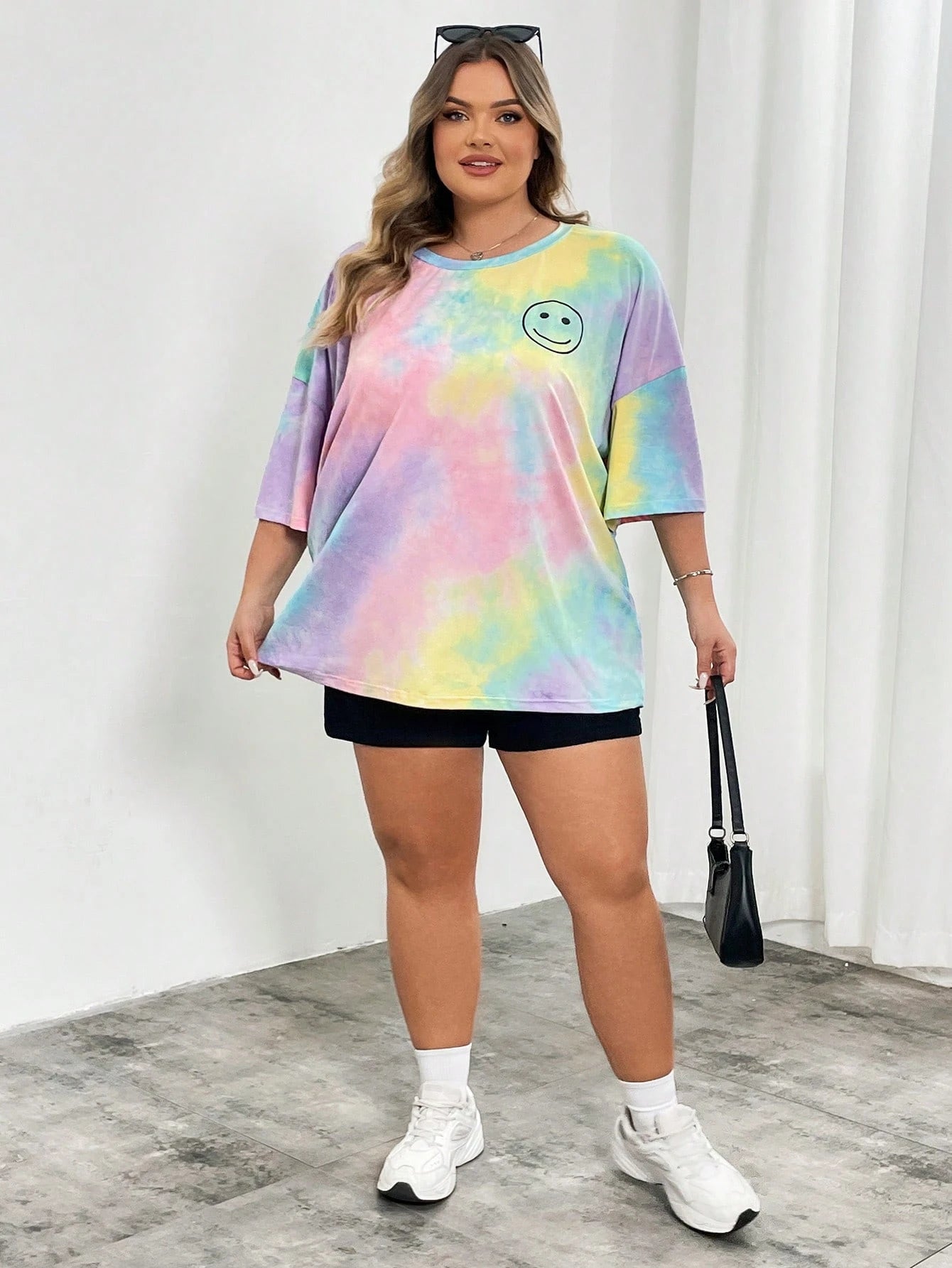 CURVE+ Women's Light Purple Printed Round Neck Short Sleeved T-Shirt In Plus Size For Summer Office Concert Business Casual Mom
